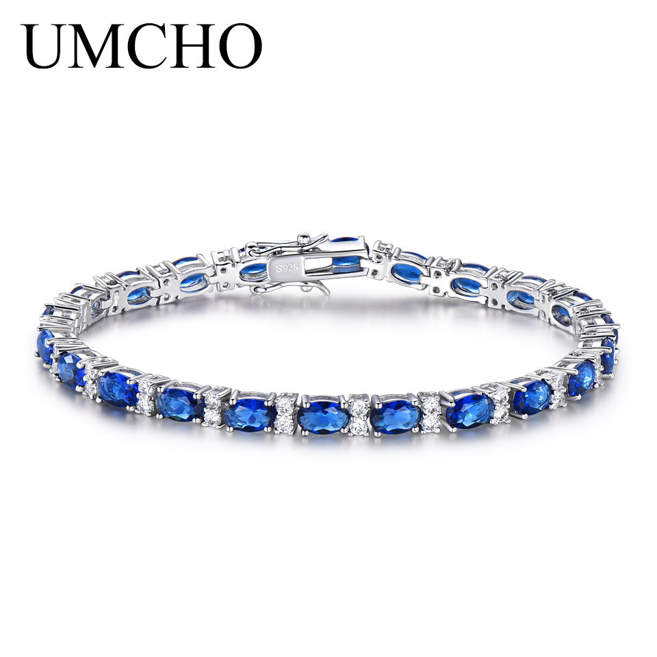 Real 925 Sterling Silver Jewelry Oval Created Nano Blue Sapphire Bracelet Romantic Charm Bracelets For Women Gifts