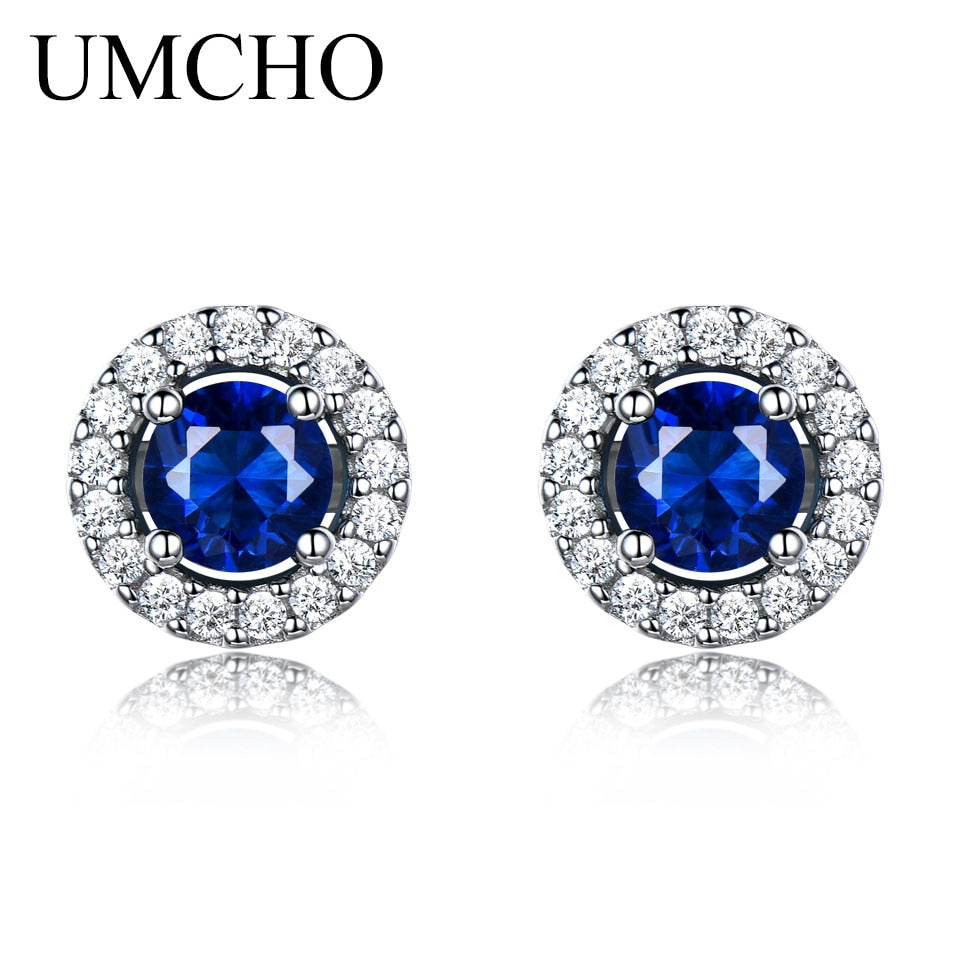 Real 925 Sterling Silver Jewelry Round Rich Color Nano Sapphire Stud Earrings Gemstone Luxury Bride Gift For Women