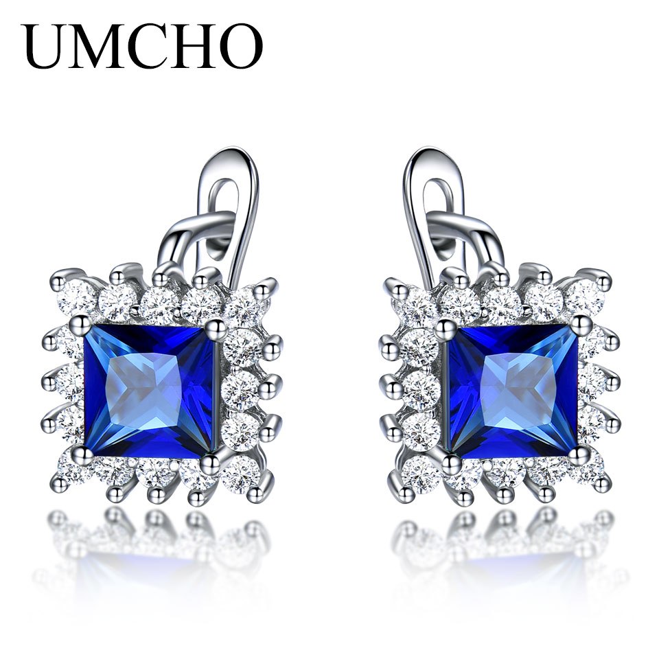Real 925 Sterling Silver Jewelry Square Rich Color Nano Sapphire Clip Earrings For Women Gemstone Luxury Bride Gifts New