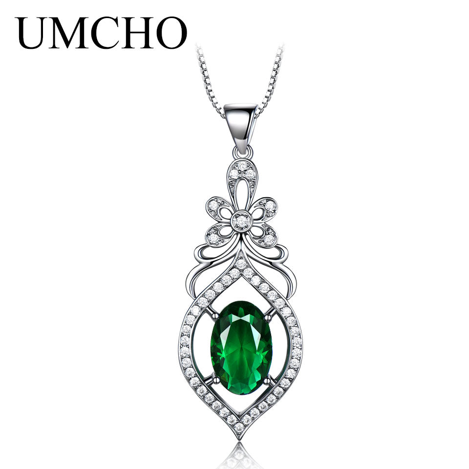 Real 925 Sterling Silver Necklace Created Oval Emerald Gemstone Classic Necklaces & Pendants For Women Gift With Chain