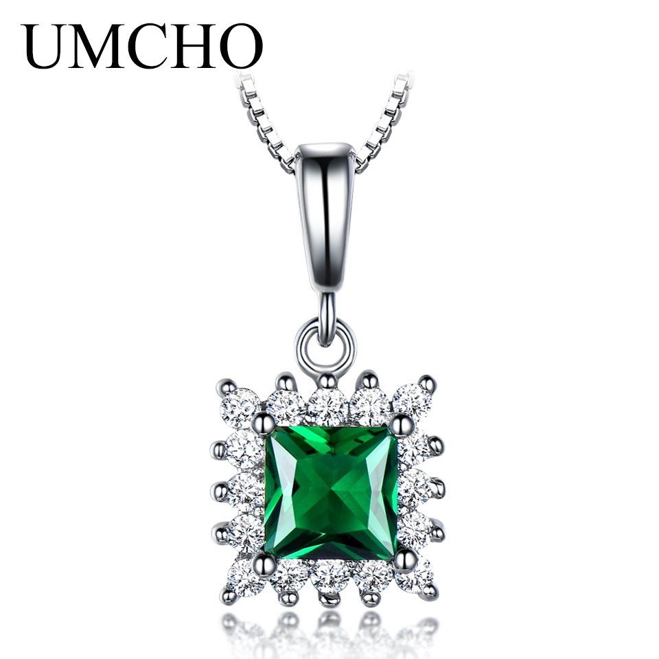 Real 925 Sterling Silver Necklace Created Square Emerald Gemstone Necklaces & Pendants For Women Anniversary With Chain