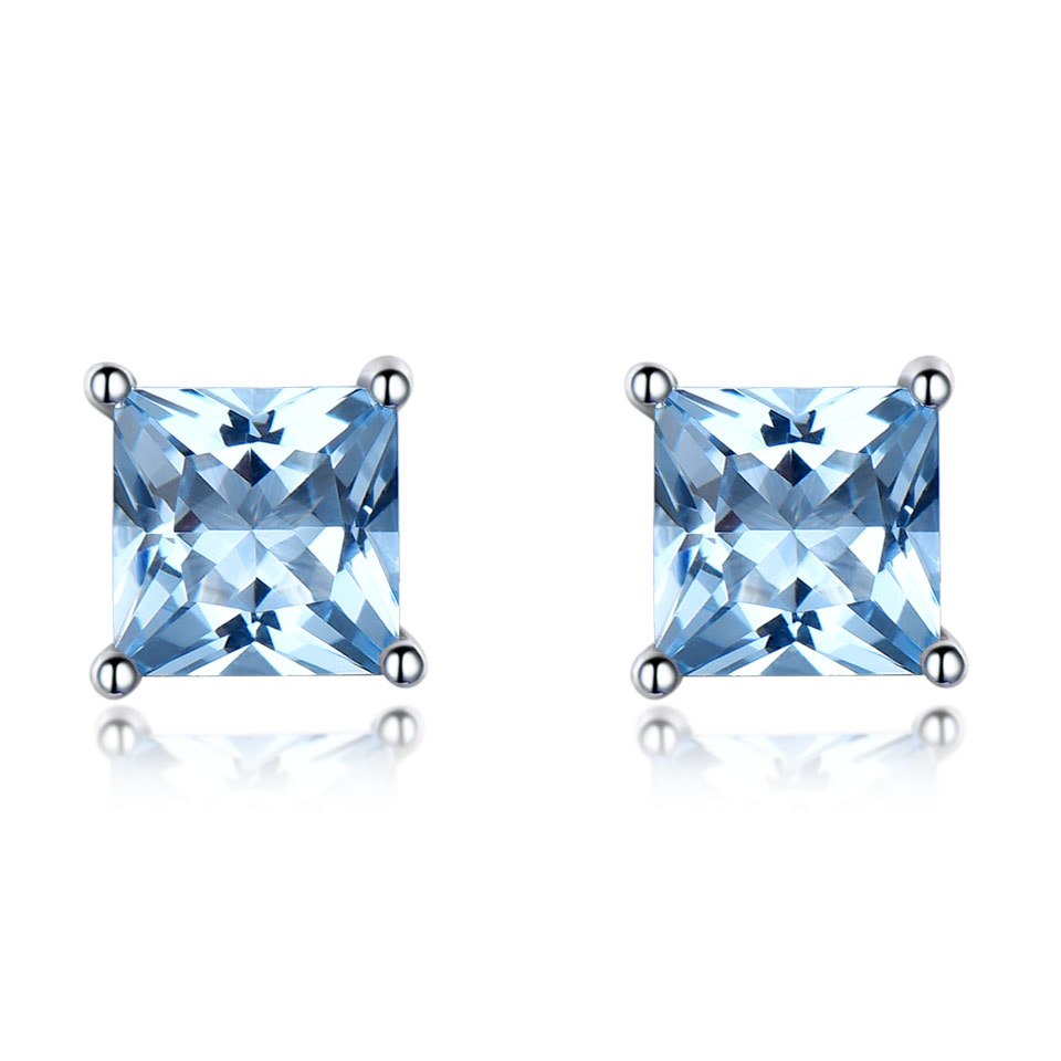Real 925 Sterling Silver Stud Earrings for Women Princess-cut Sky Blue Topaz Earrings Fine Jewelry Blue Gemstone Gift New