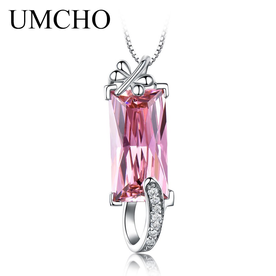 Rectangle Pink CZ 925 Sterling Silver Necklaces & Pendants Charm For Women Engagement Anniversary Gift Fine Jewelry