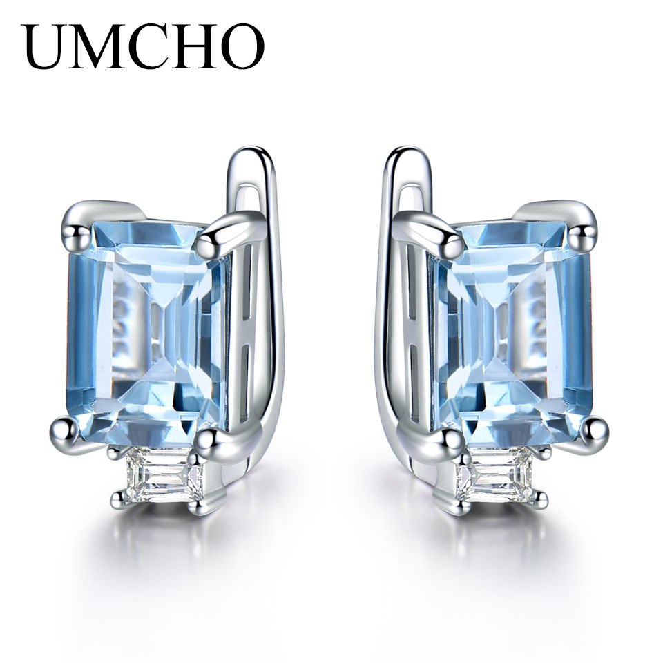Sky Blue Topaz Clip Earrings For Women Solid 925 Sterling Silver Princess Cut Trendy Silver 925 Jewelry Birthstone Gift
