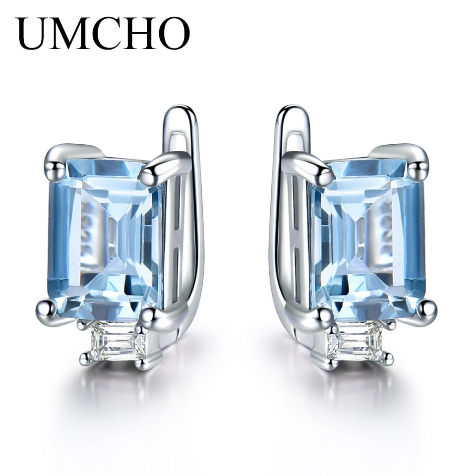 Sky Blue Topaz Clip Earrings For Women Solid 925 Sterling Silver Princess Cut Trendy Silver 925 Jewelry Birthstone Gift