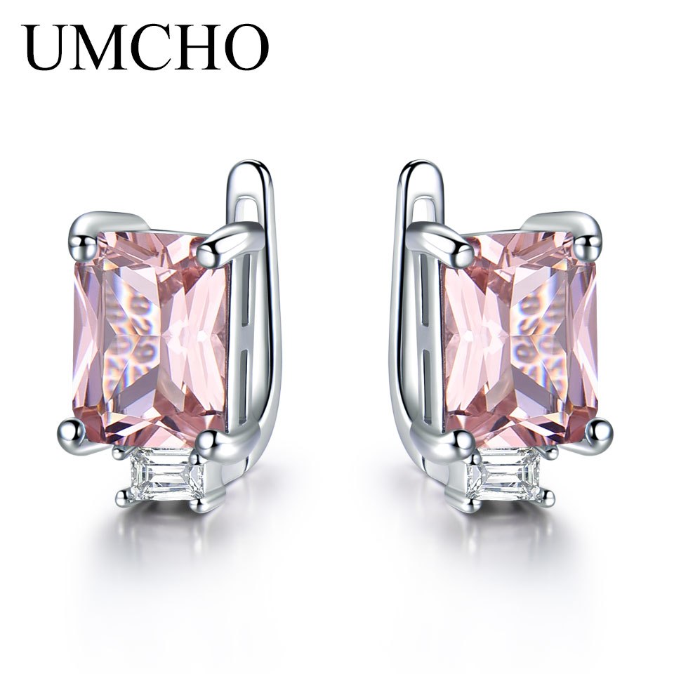 Solid 925 Sterling Silver Clip Earrings For Women Rose Pink Morganite Gemstone Wedding Engagement Fashion Jewelry Gift