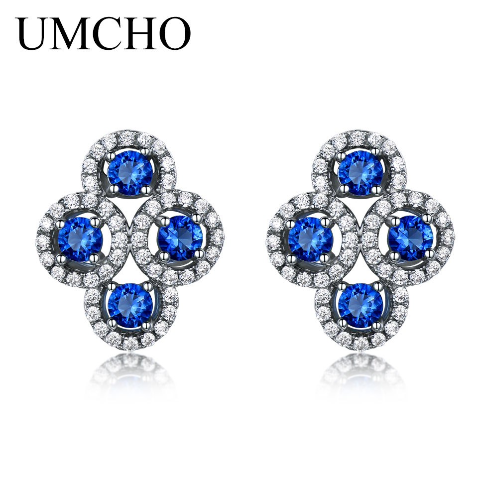Solid 925 Sterling Silver Earring Created Blue Sapphire Stud Earrings For Women Anniversary Birthd Gift Gemstone Jewelry
