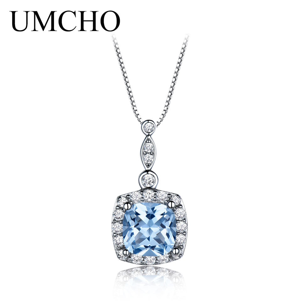 Solid 925 Sterling Silver Necklaces Pendants Sky Blue Topaz Necklace For Women Engagement Wedding Christmas Jewelry New