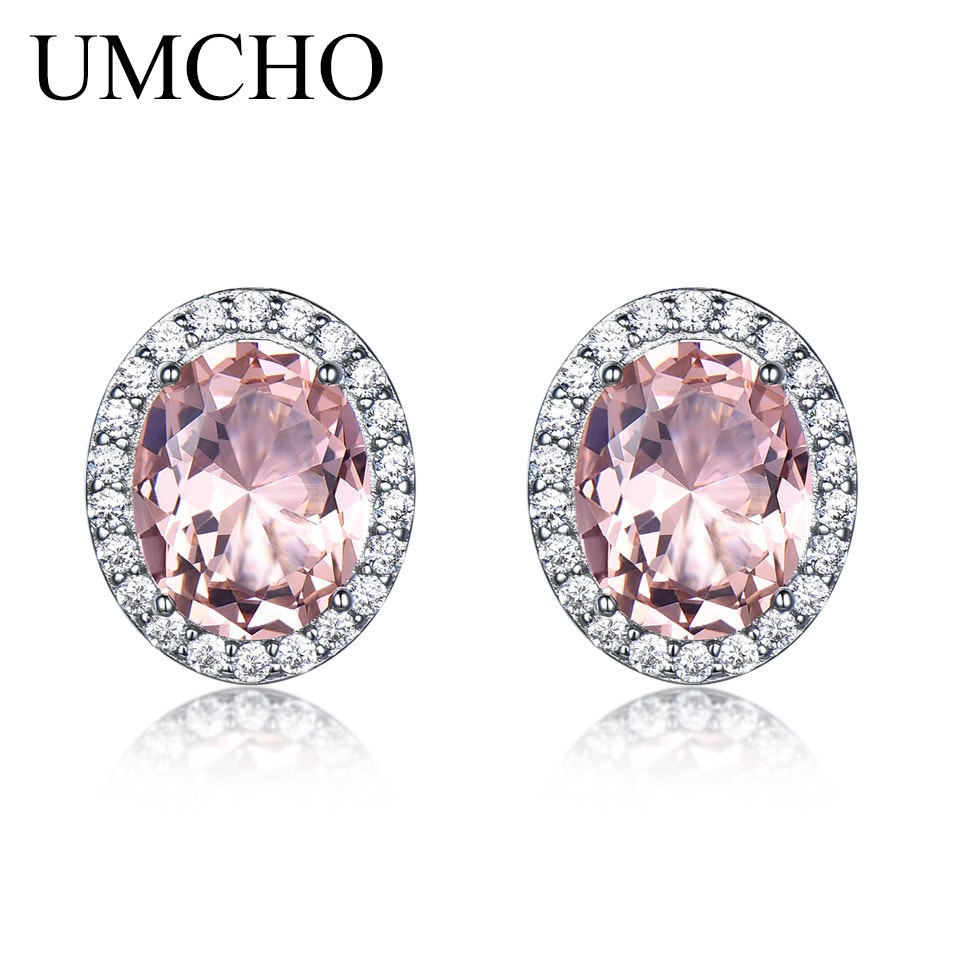 Solid 925 Sterling Silver Stud Earrings For Women Rose Pink Sapphire Morganite Earring Wedding Engagement Jewelry Gift