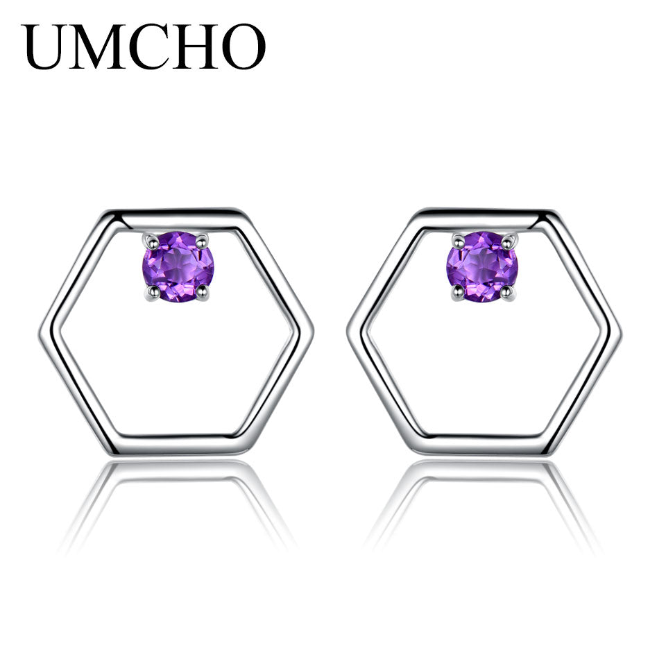 Solid 925 Sterling Silver Stud Earrings Round Natural Amethyst Purple Gemstone Earrings For Women Brand Fine jewelry
