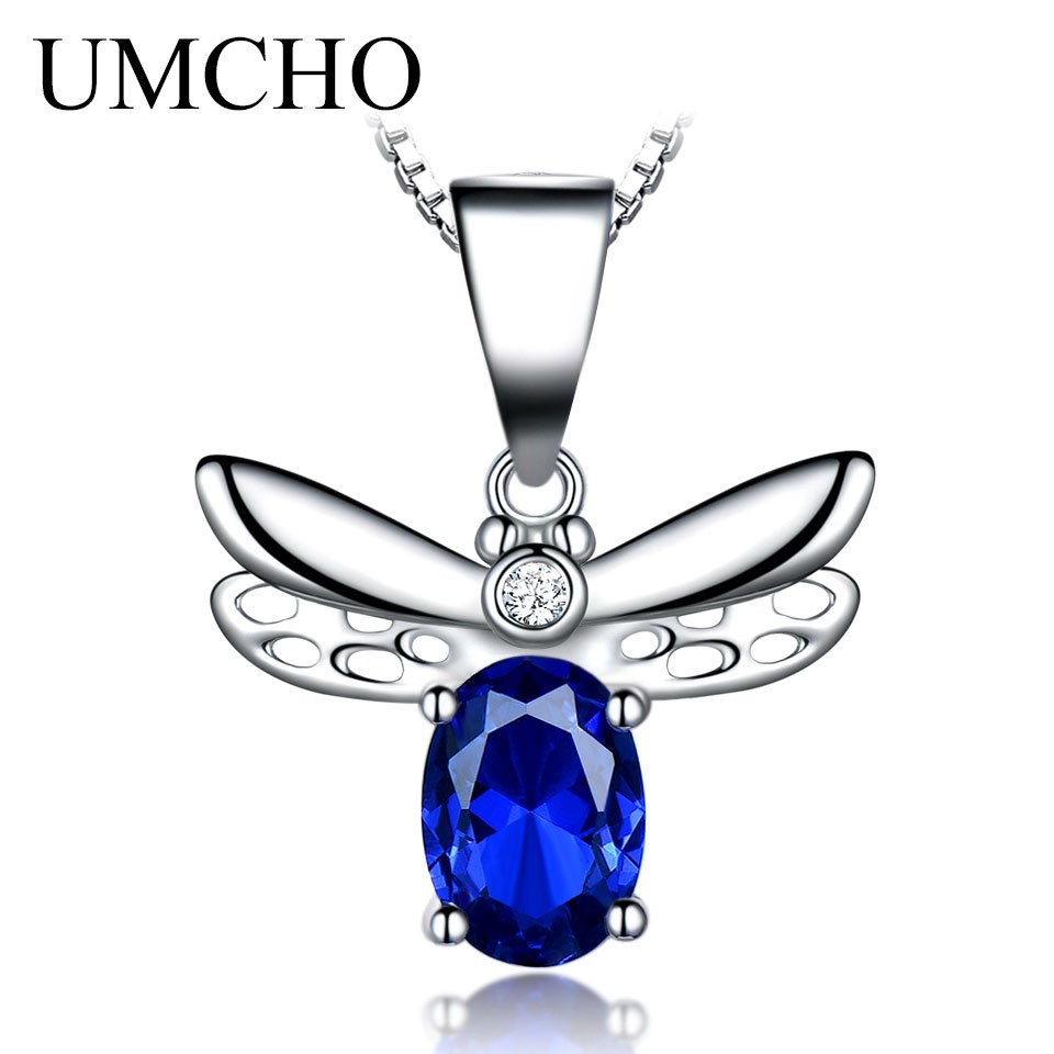 Solid Real 925 Sterling Silver Necklace Gemstone Created Blue Sapphire Necklaces & Pendants For Women Gift With Box Chain