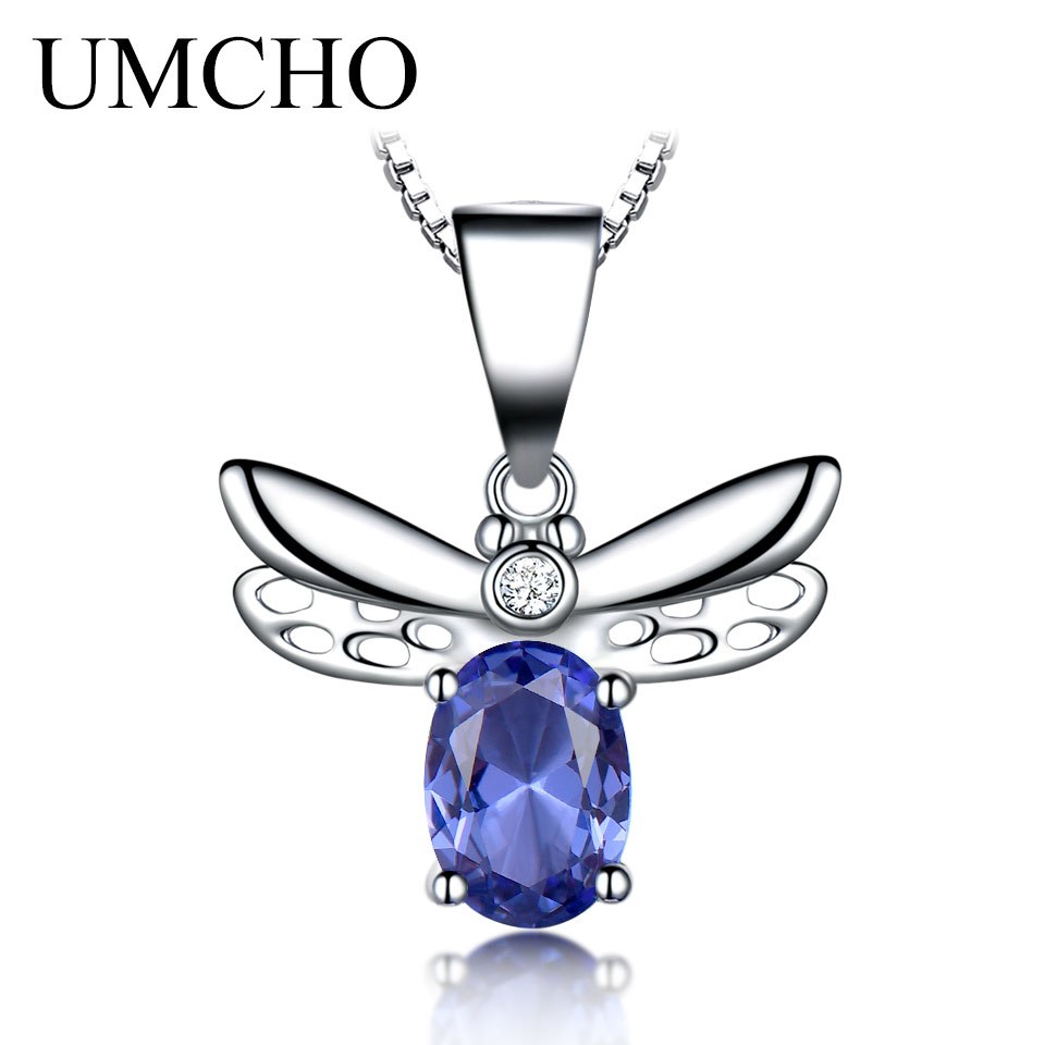 Solid Real 925 Sterling Silver Necklace Gemstone Created Blue Tanzanite Necklaces & Pendants For Women Gift With Box Chain