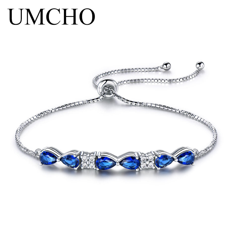 Solid Real Sterling Silver 925 Bracelets & Bangles Free expansion Triangle Created Blue Sapphire Bracelets For Women Gifts