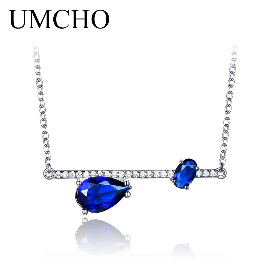 Trendy Genuine 925 Silver Jewelry Irregular Water Drop Created Blue Sapphire Chains Necklaces For Women Engagement Gifts