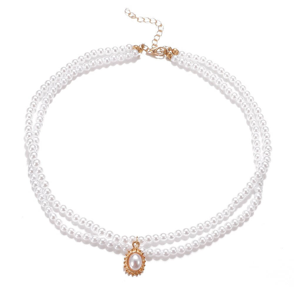 UMKA Vintage Baroque Round Pearl Lock Chains Necklace 2021 Geometric Double Layer Chain Pendant For Women Jewelry Girl Gift