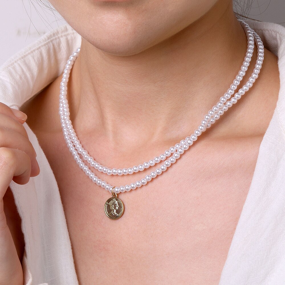 UMKA Vintage Baroque Round Pearl Lock Chains Necklace 2021 Geometric Double Layer Chain Pendant For Women Jewelry Girl Gift