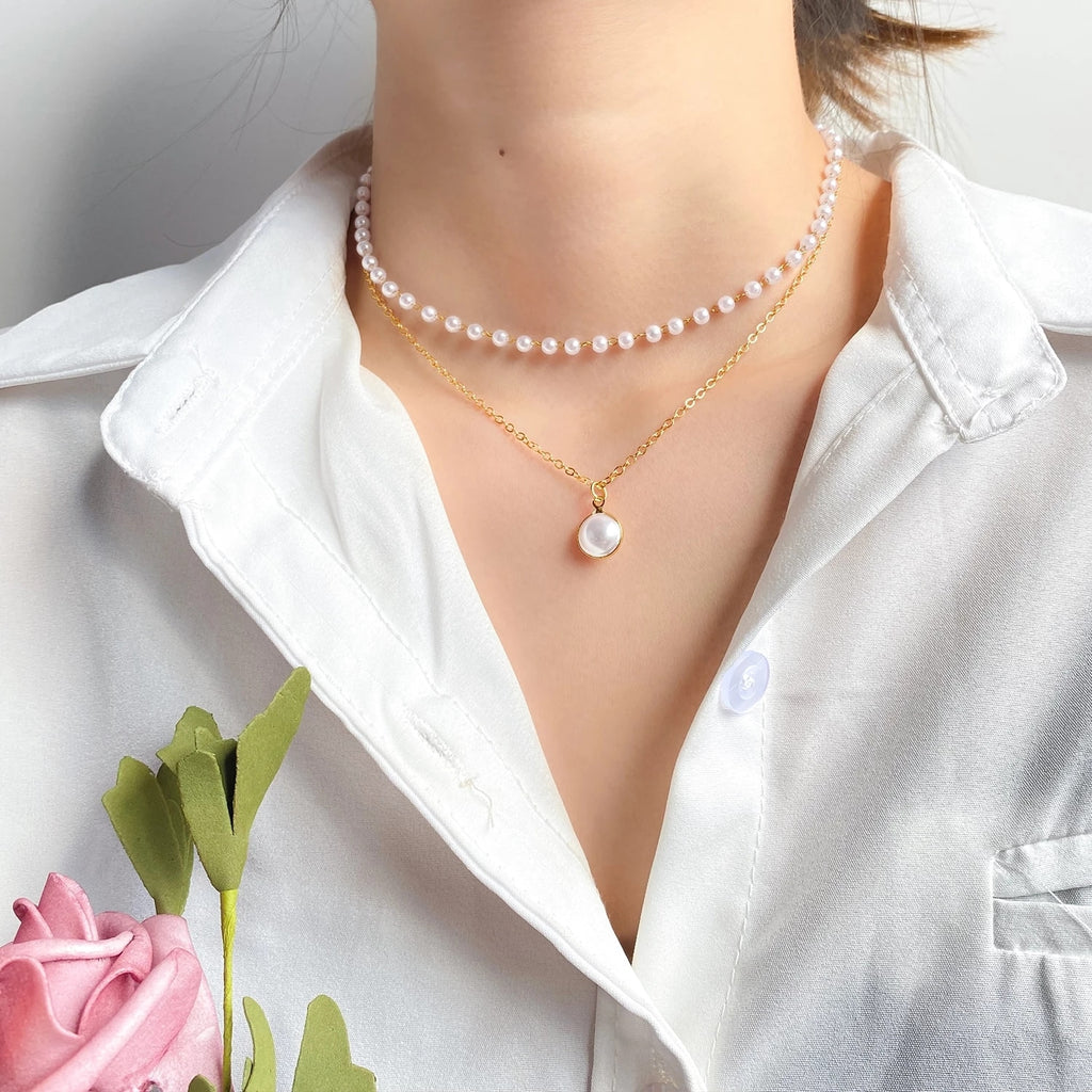 UMKA Vintage Baroque Round Pearl Lock Chains Necklace 2021 Geometric Double Layer Chain Pendant For Women Jewelry Girl Gift
