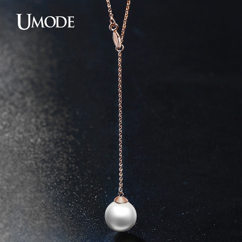 Elegant 5.5cm Chain Long Pendant 12mm Synthetic Pearl Necklaces Rose Gold Color Kolye Bijoux Fashion Jewelry UN0113A