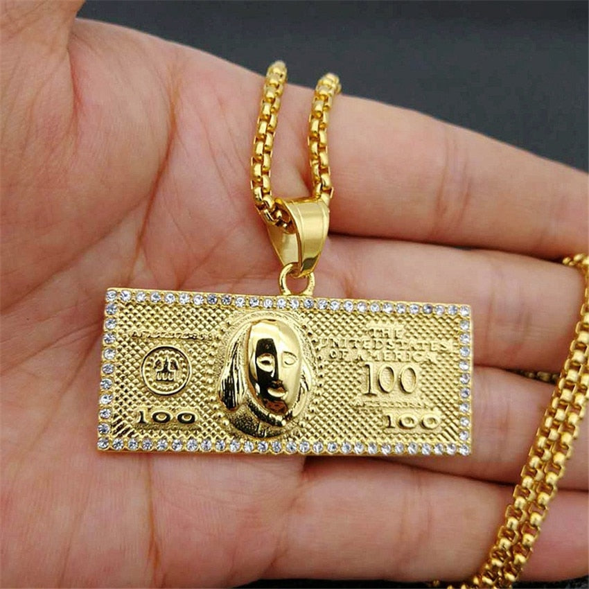 US $100 Dollar Money Necklaces Pendants Male Stainless Steel/Gold Color Chain For Men Rhinestone Hip Hop Bling Jewelry Collier