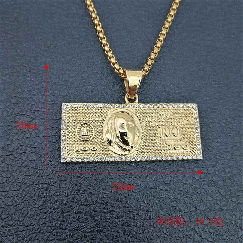 US $100 Dollar Money Necklaces Pendants Male Stainless Steel/Gold Color Chain For Men Rhinestone Hip Hop Bling Jewelry Collier
