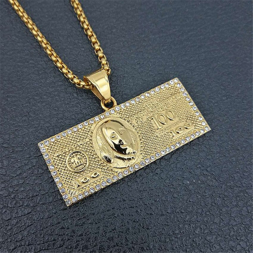 US $100 Dollar Money Necklaces Pendants Male Stainless Steel/Gold Color Chain For Men Rhinestone Hip Hop Bling Jewelry Collier