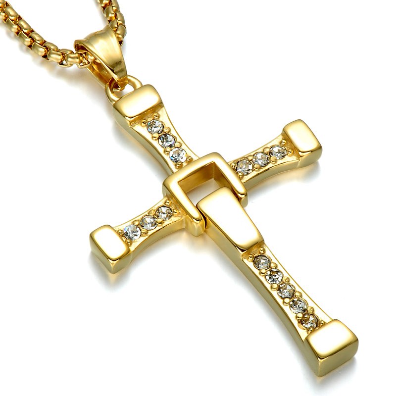 The Fast Of The Furious Dominic Toretto Foldable Crystal Cross Necklace Gold Color Stainless Steel Pendants For Men Jewelry