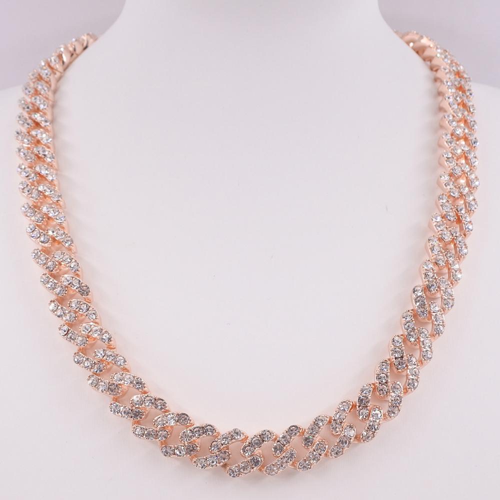 USA designs women's rose gold silver color pink crystal iced out cuban chain hip hop necklace punk 12mm miami link bling rapper