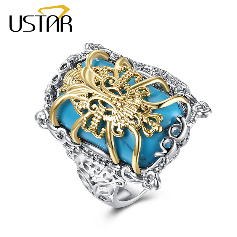 NEW Blue Stone Spider Rings for women Jewelry Silver/Gold color hollow out carved wedding rings female Anel top quality