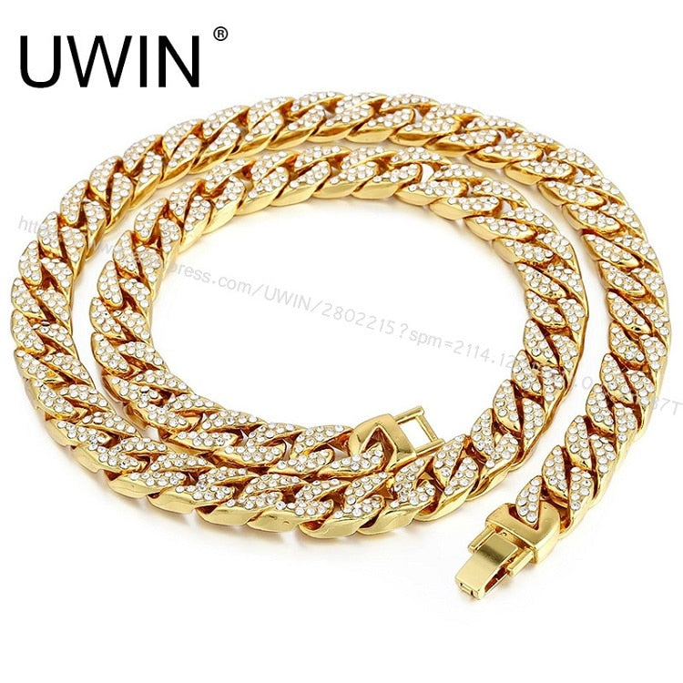 15mm Iced Out Men's Miami Cuban Link Chain Necklace Gold Silver Bling Fully Rhinestone Hop Necklace Jewelry 30inch