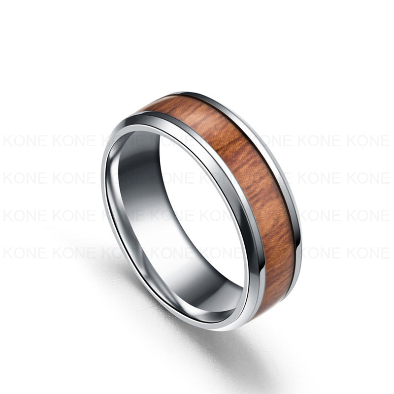 Stainless Steel Wood Grain Promise Ring Inlaid Wood Engagement Couples Ring For Women Men Fashion Lover Jewelry