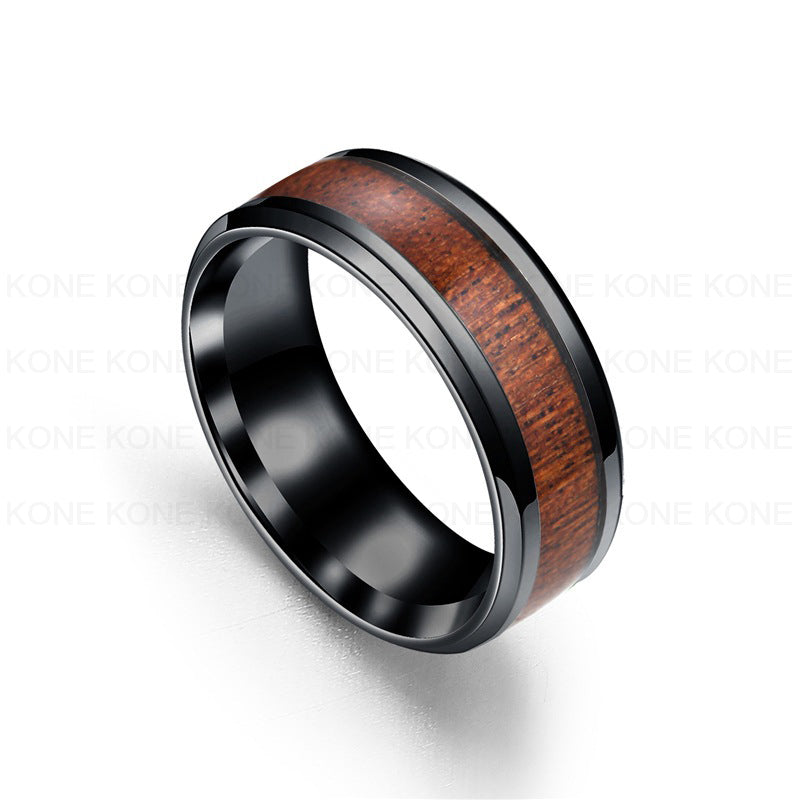 Stainless Steel Wood Grain Promise Ring Inlaid Wood Engagement Couples Ring For Women Men Fashion Lover Jewelry
