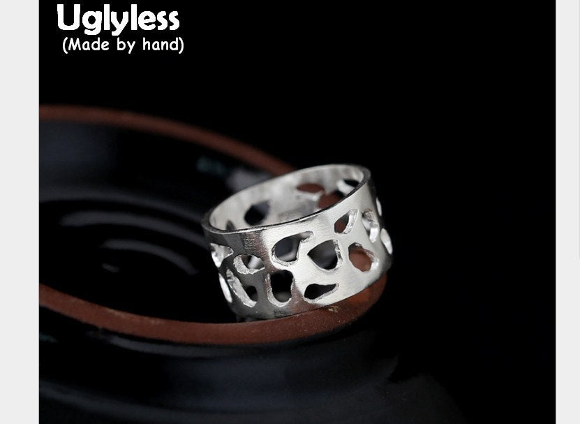 Genuine 990 Silver Irregular Hollow Wide Rings for Women Exotic Handmade Finger Ring Simple Fashion Fine Jewelry Bijoux