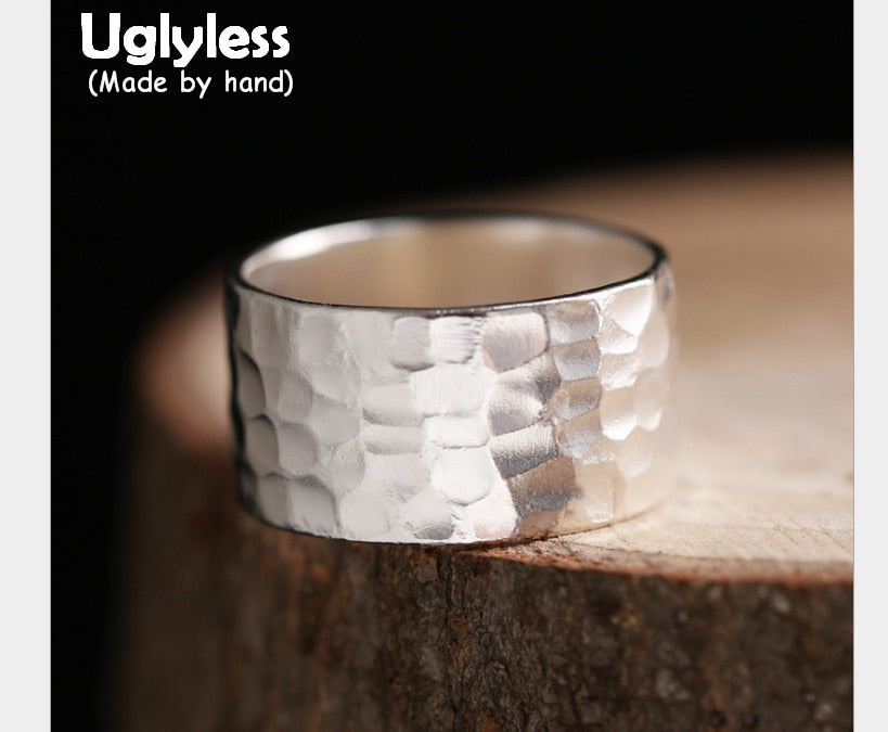 Genuine S 990 Fine Silver Women Personalized Vintage Wide Rings Handmade Knocking Face Ethnic Finger Ring Ethnic Bijoux