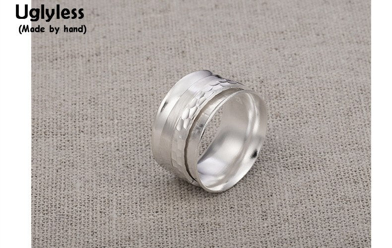 Genuine S 990 Silver Women Fine Jewelry Handmade Knocking Face Wide Finger Ring Simple Ethnic Rings Personalized Bijoux
