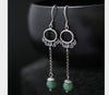 Genuine S 990 Thai Silver Women Ethnic Vintage Fine Jewelry Handmade Hollow Circle Earrings Agate Beads Brincos Bijoux