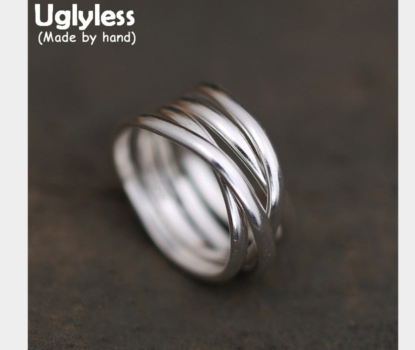 Genuine S990 Silver Circles Finger Rings Multi-layer Handmade Fine Jewelry Personalized Wide Ring Simple Fashion Bijoux