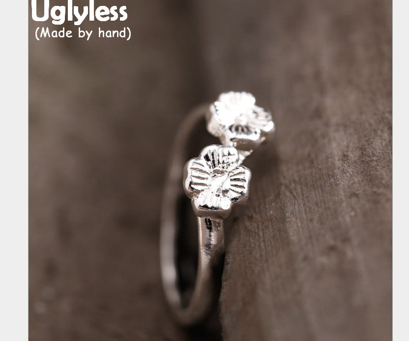 Genuine S990 Silver Double Flowers Rings Women Korean Designer Floral Finger Ring Handmade Engraved Fine Jewelry Bijoux