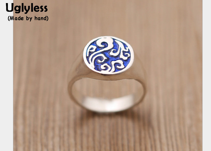 Genuine S990 Silver Ethnic Fine Jewelry Engrave Totem Patterns Women Vintage Rings Enamel Blue Round Finger Ring Bijoux