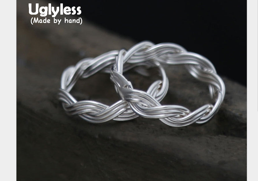 Genuine S990 Silver Handmade Knitted Twist Rings for Couples Exotic Weave Texture Close Ring Vintage Ethnic Fine Bijoux