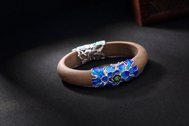 Real 925 Sterling Silver Bangles Women 12MM Thick Wide Sandalwood Bangle Luxury Vintage Cloisonne Enamel Floral Jewelry