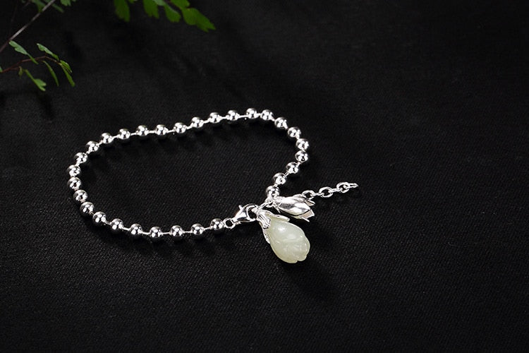 Real 925 Sterling Silver Bracelet Natural White Jade Magnolia Women Bracelets Lovely Beading Charms Jewelry Fine Bijoux