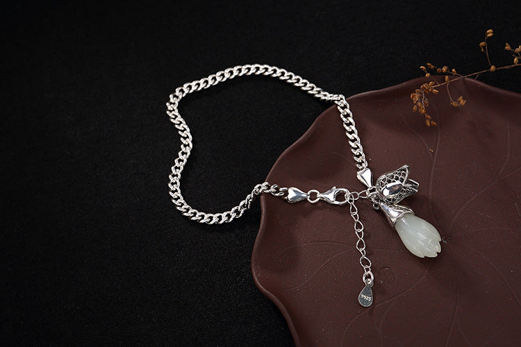 Real 925 Sterling Silver Bracelets Women Natural Jade Magnolia Charms Bracelet Romantic Vintage Floral Jewelry Tassels
