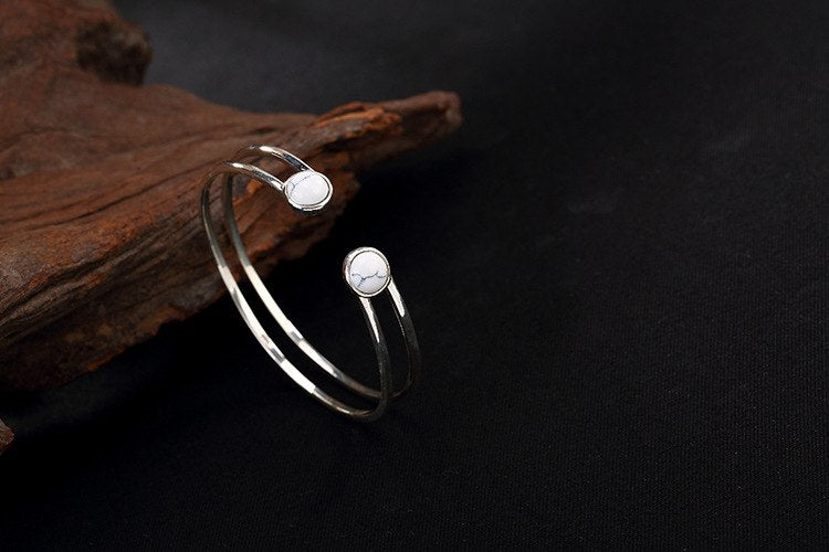 Real 925 Sterling Silver Fine Jewelry Natural Turquoise Balls Bangle 2 Layers Hollow Bijoux Women Simple Ethnic Bangles