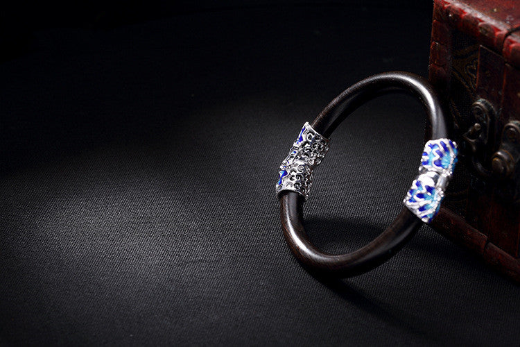 Real 925 Sterling Silver Fine Jewelry New Fashion Thick Black Sandalwood Bangles Women Enamel Lotus Bangle Retro Bijoux