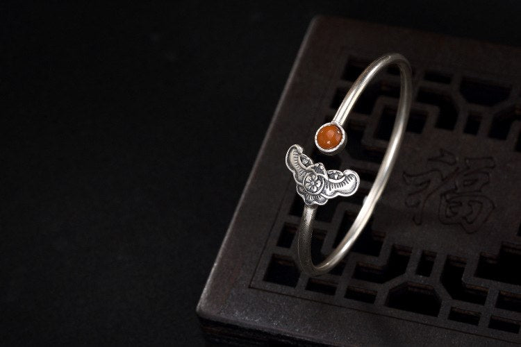 Real 925 Sterling Silver Fine Jewelry Tribe Totem Bat Bangles Handmade Engraving Women Ethnic Bangle Agate Bead Bijoux