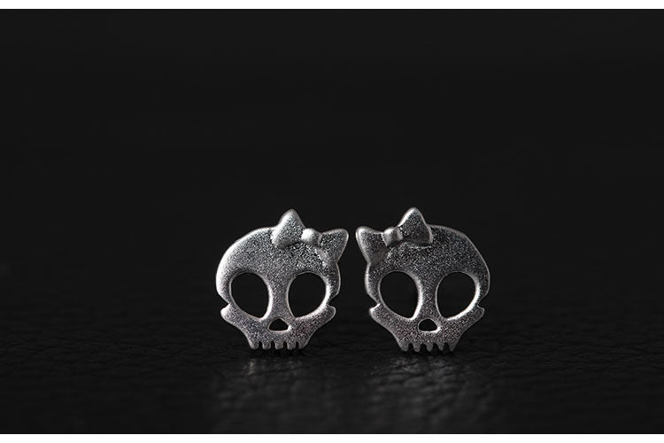 Real 925 Sterling Silver Hollow Skull Stud Earrings Lovely Handmade Bowknot Studs Women Skeleton Jewelry Brincos Bijoux