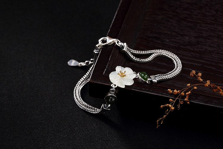 Real 925 Sterling Silver Jewelry Natural White Jade Flower Bracelets Women Romantic Floral Bracelet Jasper Beads Bijoux
