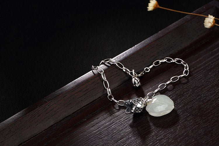 Real 925 Sterling Silver Jewelry Nature Jade Charms Bracelet Sweet Heart-shape Women LOVE Bracelets Lotus Bijoux Orchid