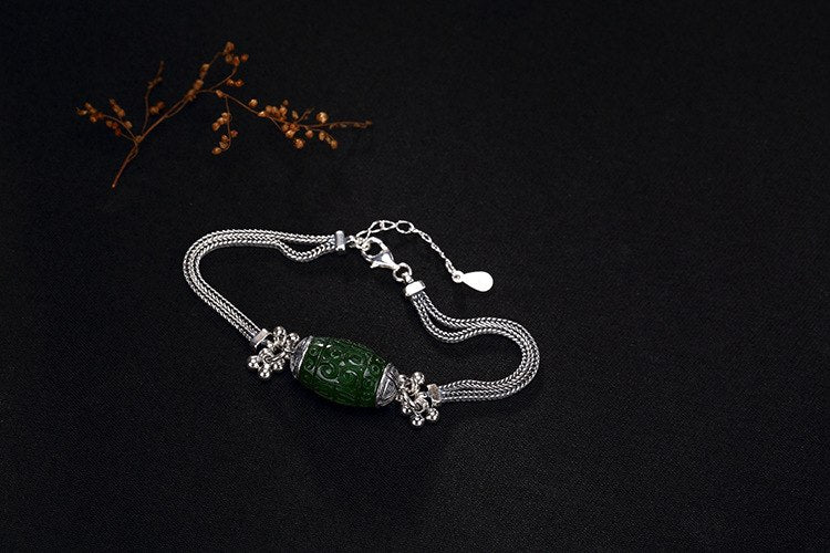 Real 925 Sterling Silver Jewelry Noble Jasper Bead Bracelets Carved Vintage Patterns Bracelet Double-layer Chain Bijoux