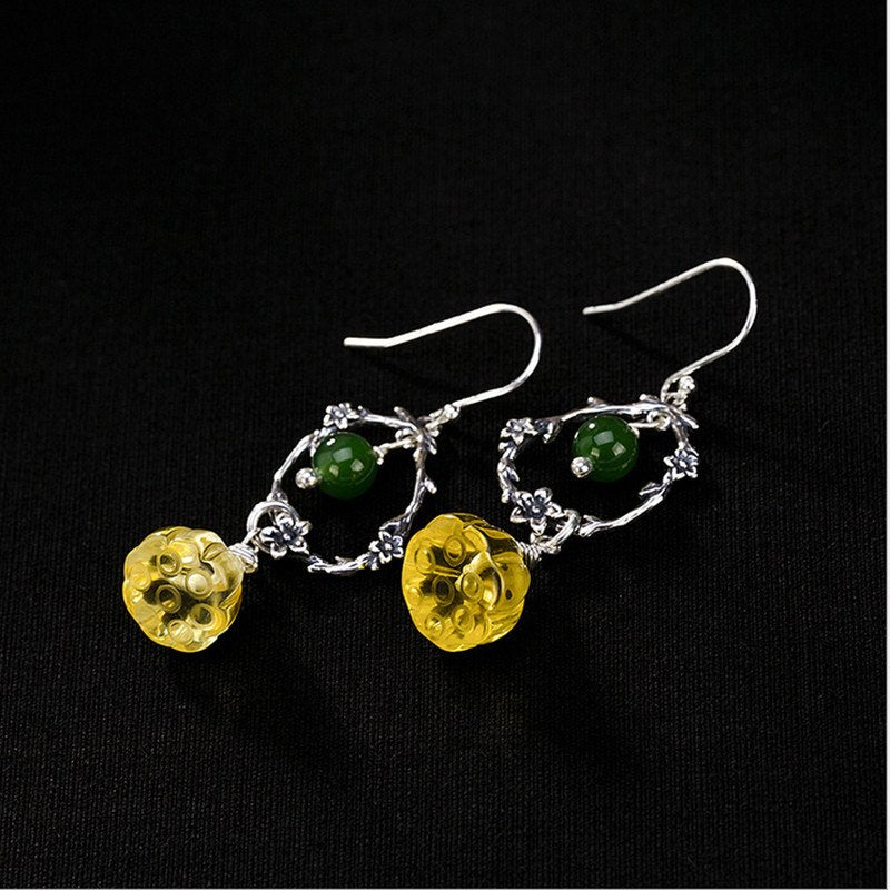 Real 925 Sterling Silver Lotus Earrings Exotic Amber Dangle Earrings Natural Jasper Fine Jewelry Engraved Flower Bijoux